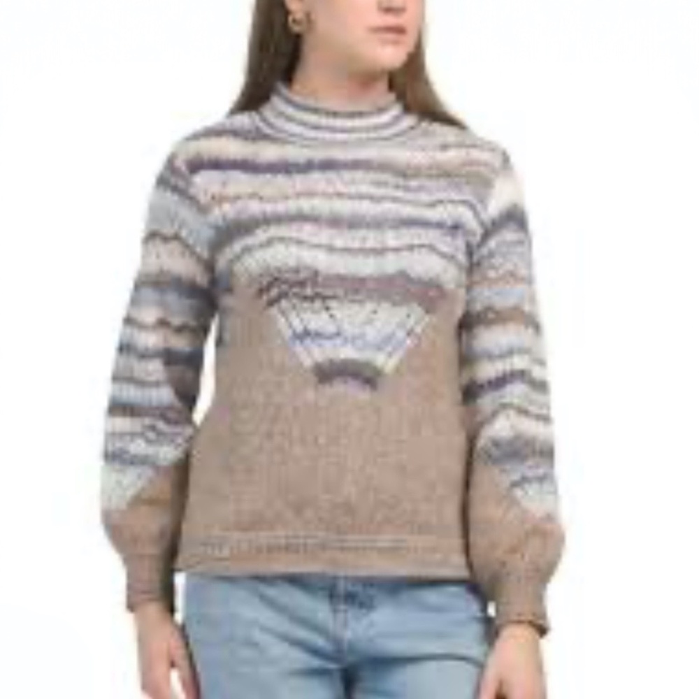 DEMOCRACY Petite Mock Neck Woven Cable Knit Sweater Blue Tan Multi PXL XL